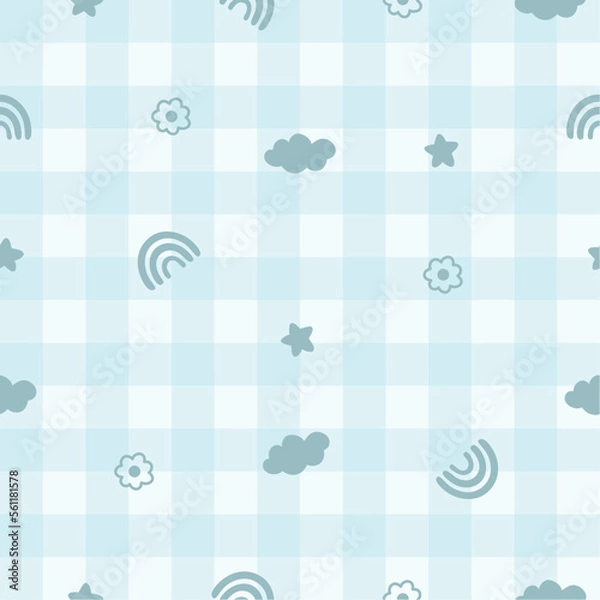 Fototapeta seamless pattern design of clouds, flowers, rainbows, and stars on a light blue checkered background