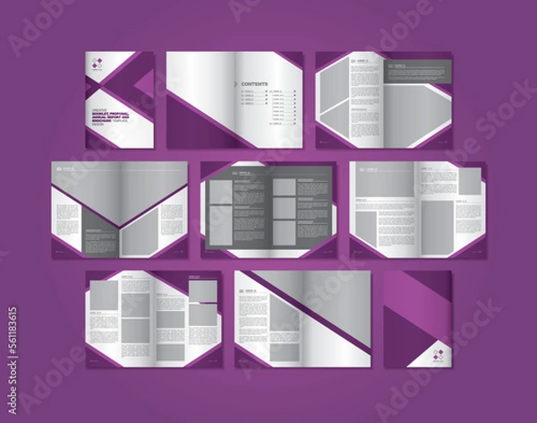 Fototapeta Multi-page design template layout with purple theme color and has 14 pages. Template layout of book, annual report, proposal, magazine and brochure.