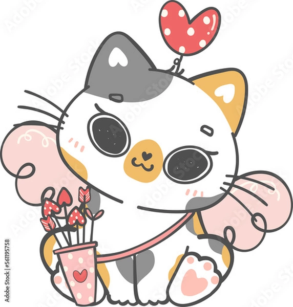 Fototapeta Cute Happy Valentine cupid love calico kitten cat cartoon doodle hand drawing 