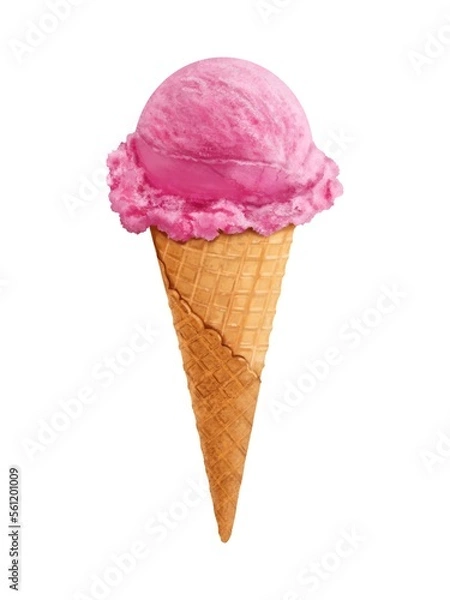 Fototapeta Pink strawberry ice cream in a waffle cup on a white background, digital drawing.