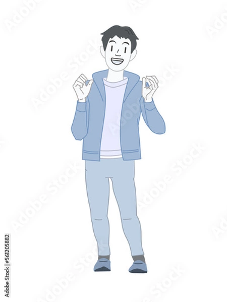 Fototapeta 冬にジャケットを着た男性が仕草をしている様子　青色素材