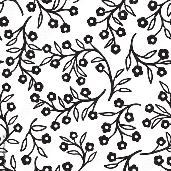 Fototapeta Black White Floral Tree Branch Silhouette Vector Seamless Pattern