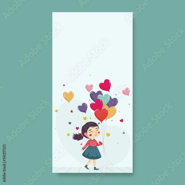 Fototapeta Cute Young Girl Holding A Bunch of Colorful Heart Balloons And Copy Space.
