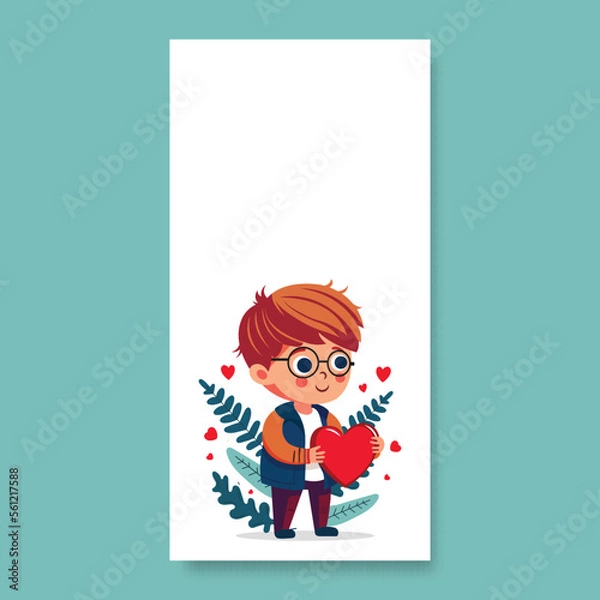 Fototapeta Young Boy Holding Red Heart And Leaves On White Background With Copy Space. Vertical Banner Or Template Design.