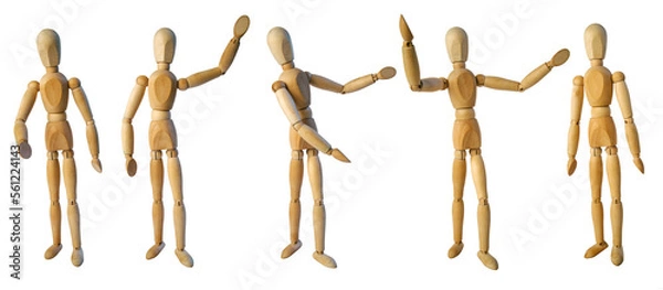Fototapeta  Set of wooden mannequins (gestalt) for drawing in different poses  isolated on a white background