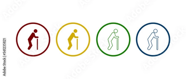 Fototapeta Old man icon, elder person with cane in different circle background.