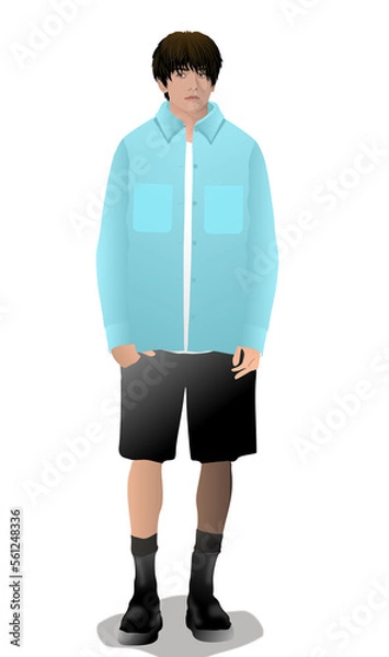 Fototapeta young handsome asian person wear blue shirt & black shorts, standing, full length, front view, realistic minimalistic illustration vector