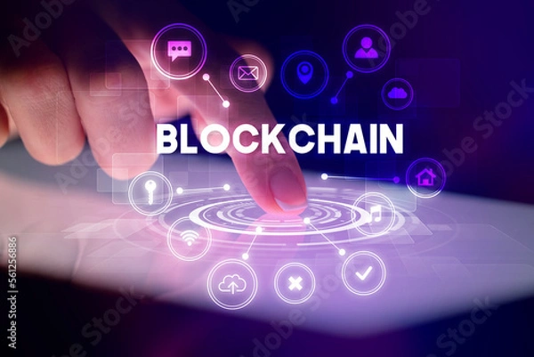 Fototapeta Finger touching tablet with web technology icons concept