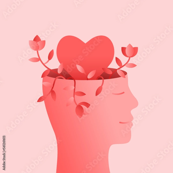 Fototapeta Heart inside the head of a smiling happy person as love, mental and emotional well-being concept. Heart shape as human mind, flower and plant as growth, smile as feeling content and good mood symbol.