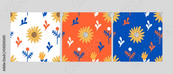 Fototapeta Vector seamless pattern set with doodle flowers, Ukrainian folk motifs, cute hand-drawn background for textiles, banners, pillows, etc.
