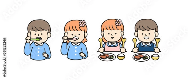 Obraz Little kid brushing a teeth and eating. Cute cartoon characters, Back to school concept