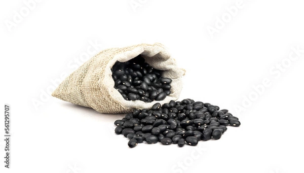 Fototapeta Black beans in burlap isolated on white background
