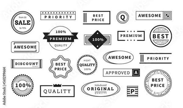 Fototapeta Retro ribbon stamp. Seal label. Quality tag. Guarantee emblem. Premium sign. Paint imprint. Certificate insignia symbol. Price discount mark. Black ink stickers set. Vector icon collection