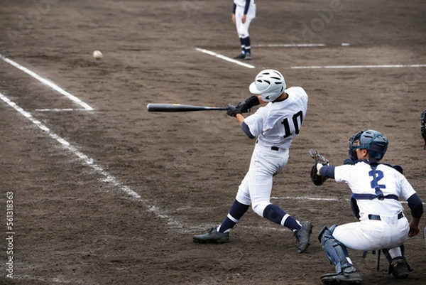 Obraz 野球の試合でヒットを打つ左バッター（高校野球）
