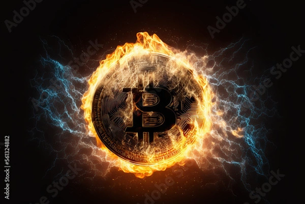 Fototapeta Golden bitcoin coin in fire with trading stock chart background