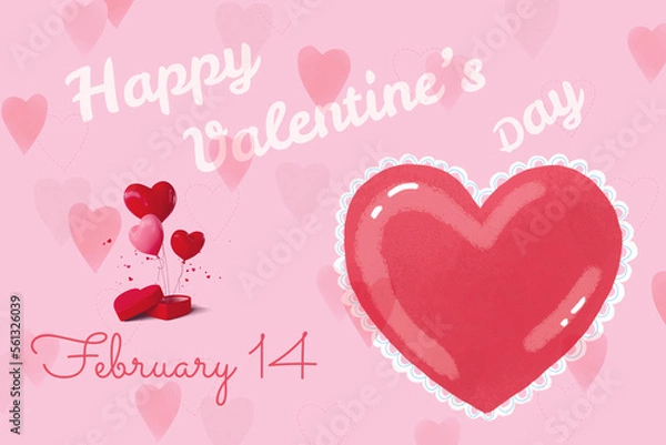 Obraz Valentines day sale background with Heart Balloons and clouds. Paper cut style. Can be used for Wallpaper, flyers, invitation, posters, brochure, banners.