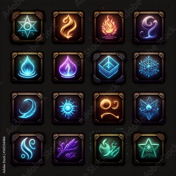 Fototapeta set of buttons, Collection of colorful user interface elements for mobile apps or video games, including amusing creatures, elements, magic, and buttons.