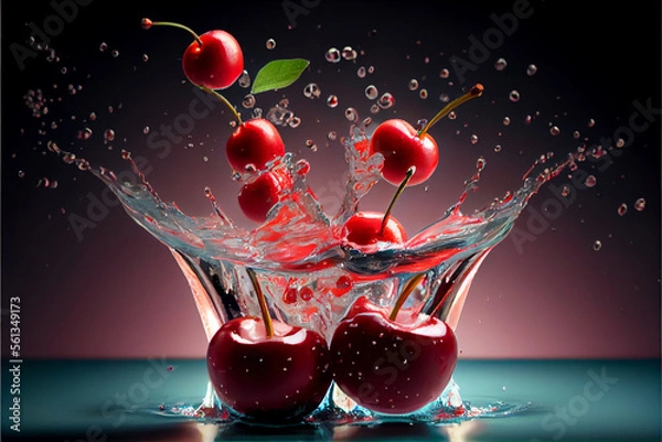 Obraz Cherry fruits splashing into water - generative ai