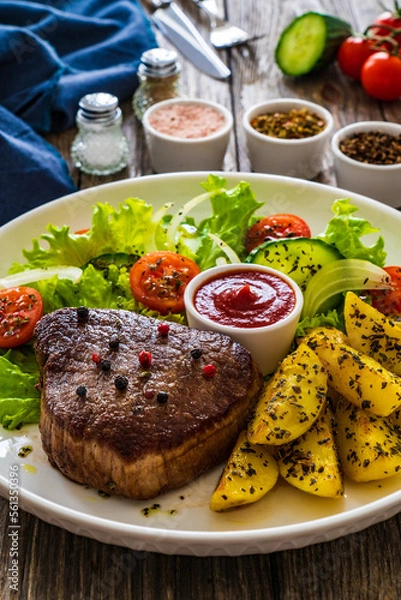 Fototapeta Fried beef sirloin with potatoes and vegetables on wooden table
