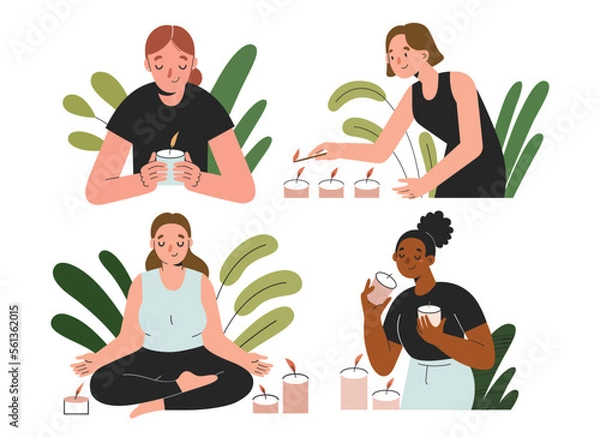 Fototapeta Women with scented candles, females characters smelling, lighting perfumed candles, meditating and doing yoga, home aromatherapy, stress relief and self care concept, flat vector illustrations