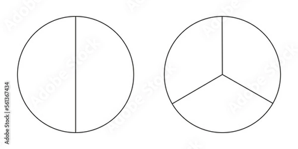 Fototapeta Pie chart, diagram set, two and three sections or steps. Circle icons for infographic, presentation, web design, user interface. Simple business chart.