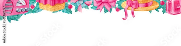 Fototapeta Long rectangular banner border with watercolor raspberry, leaves, radio, hat, lemonade and basket