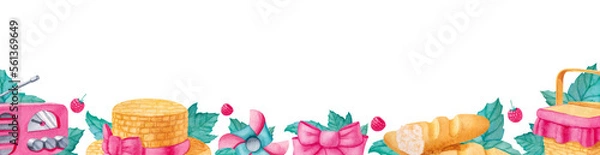 Fototapeta Long rectangular banner border with watercolor raspberry, leaves, radio, hat, bread and basket
