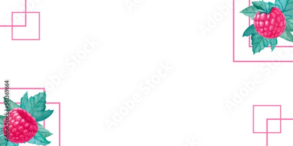 Fototapeta Rectangular banner border with geometry and watercolor raspberry and leaves