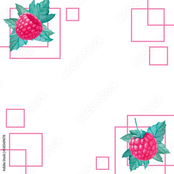 Fototapeta Square banner border with geometry and watercolor raspberry and leaves