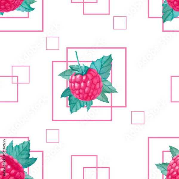 Fototapeta Seamless patter with geometry and watercolor raspberry and leaves