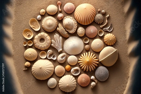 Fototapeta  a bunch of sea shells are arranged in a circle on a beach sand area with a blue background and a blue and white background with a blue border around the edges, and a white border.