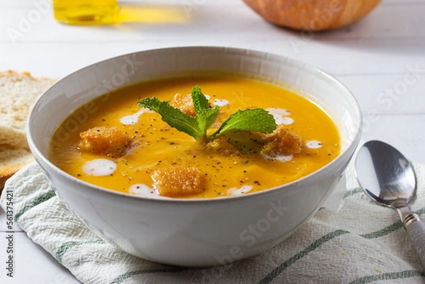 Obraz Close-up of pumpkin cream soup decorated with croutons and sour cream.