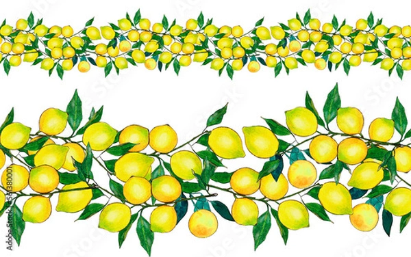 Obraz Watercolor seamless border and pattern with yellow lemons and green leaves on a transparent backdrop. Suitable for social media posts, postcards, invitations, prints, banners, fabrics and more.