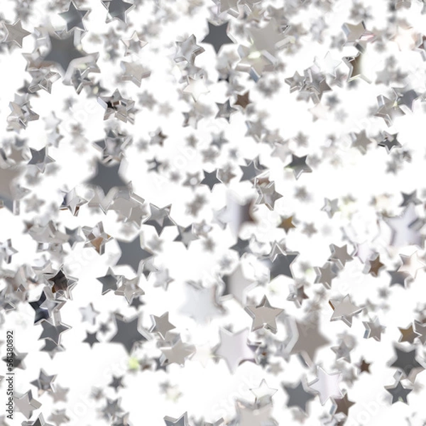 Fototapeta Shiny silver star confetti glitter partly blurred on transparent background (3D Rendering)