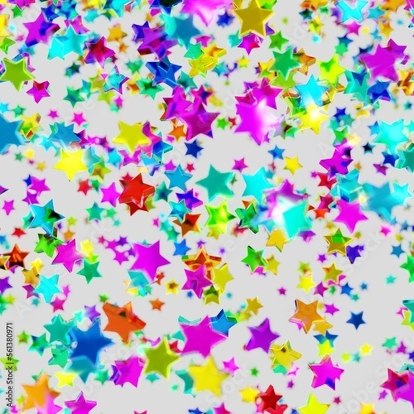 Fototapeta Shiny colorful star confetti glitter partly blurred on white background (3D Rendering)