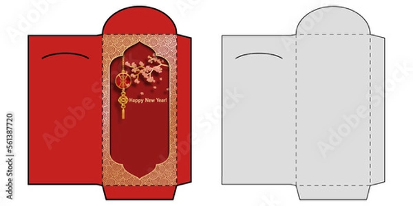 Fototapeta Chinese New Year Money Red Packet Ang Pau Design Envelope with Die cut. Vertical Layout with a cherry blossom branch and hanging oriental festive decoration