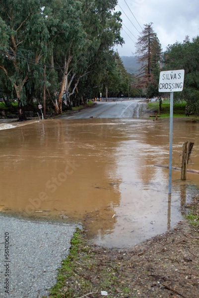 Fototapeta Road closed do to flooding in Gilroy CA