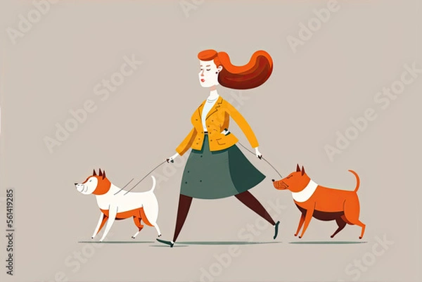 Fototapeta Woman walking dogs, flat vector illustration made with Generative AI
