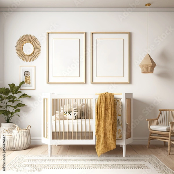 Fototapeta Bright minimalist boho nursery wall with 2 frames above crib, AI assisted finalized in Photoshop by me 