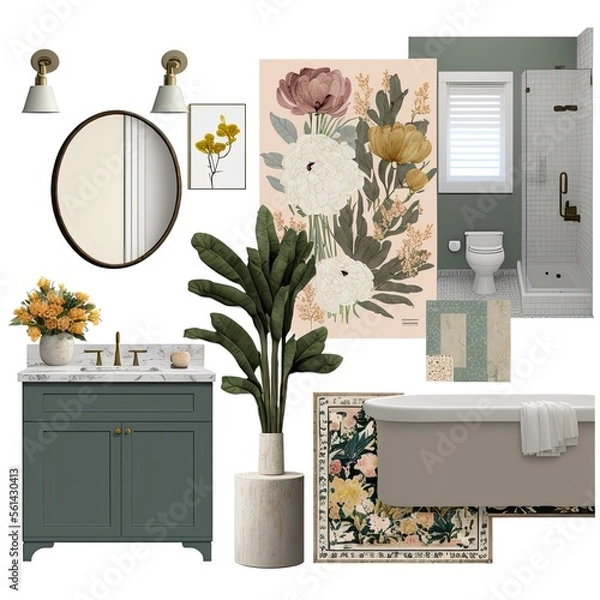 Fototapeta a guest bathroom inspired by cozy vibes and muted boho florals collage art board, AI assisted finalized in Photoshop by me 
