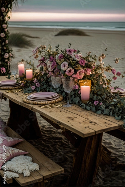 Fototapeta a Valentines day boho picnic with soft blush and warm florals, candles, and rattan, AI assisted finalized in Photoshop by me 
