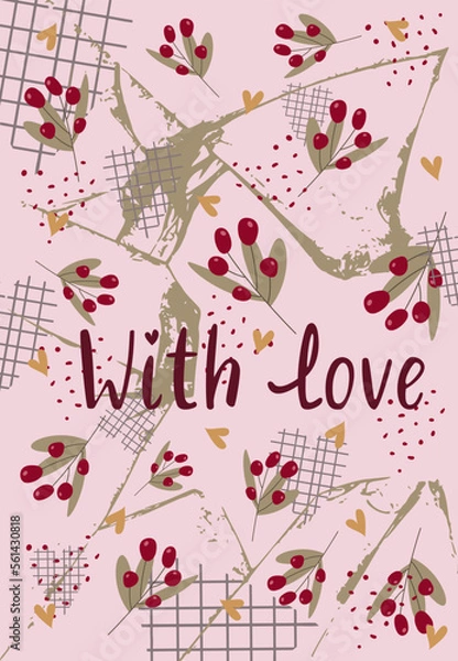 Fototapeta Pink card with flowers and hearts. Inscription "with love" and abstract elements.