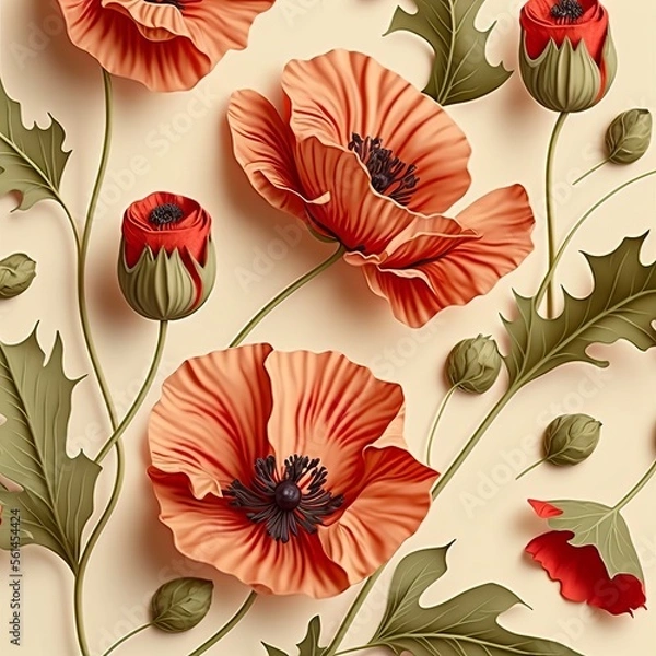 Fototapeta Seamless floral pattern with red poppy flowers and green leaves. Generative AI.