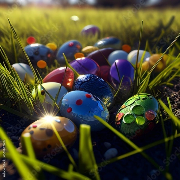 Obraz easter eggs in grass in 3d, generative AI