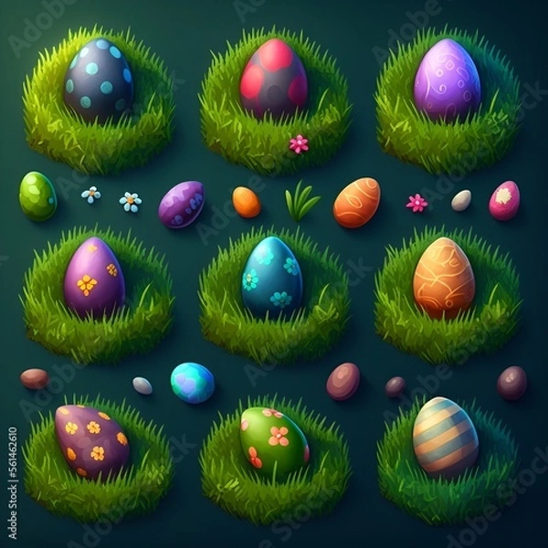 Obraz nine easter eggs in grass set, generative AI
