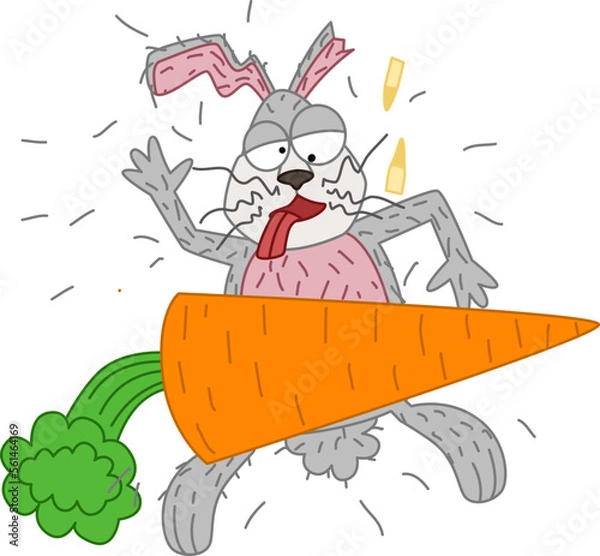 Fototapeta A large carrot fell on the gray hare. Vector illustration in doodle style. The symbol of 2023.