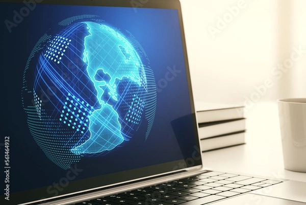 Fototapeta Modern computer monitor with America map, research and strategy concept. 3D Rendering