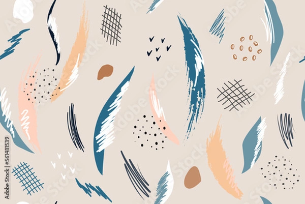 Fototapeta Hand drawn modern abstract seamless pattern. Creative set in colored  shapes, brush strokes, pencil strokes, lines, dots. Fashionable template for design fabric, paper, background.