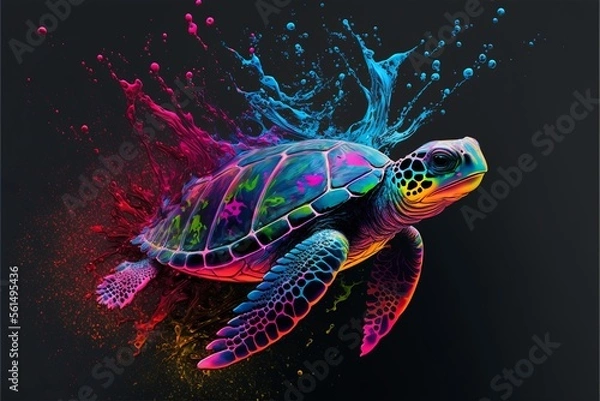 Fototapeta Painted animal with paint splash painting technique on colorful background turtle