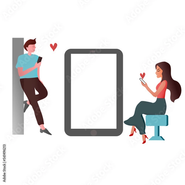 Fototapeta Woman and man use mobile phone to send love messages on Valentine's Day. Transparent Background.
